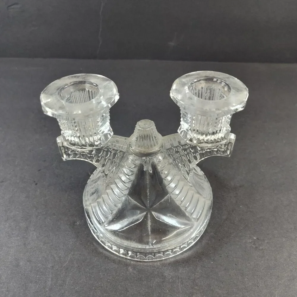 Vintage 30’s Federal Glass Wigwam Double Candlestick Holder Taper Depression